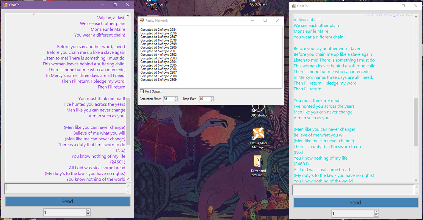 A screenshot of the fault tolerant chat app restoring corrupted messages